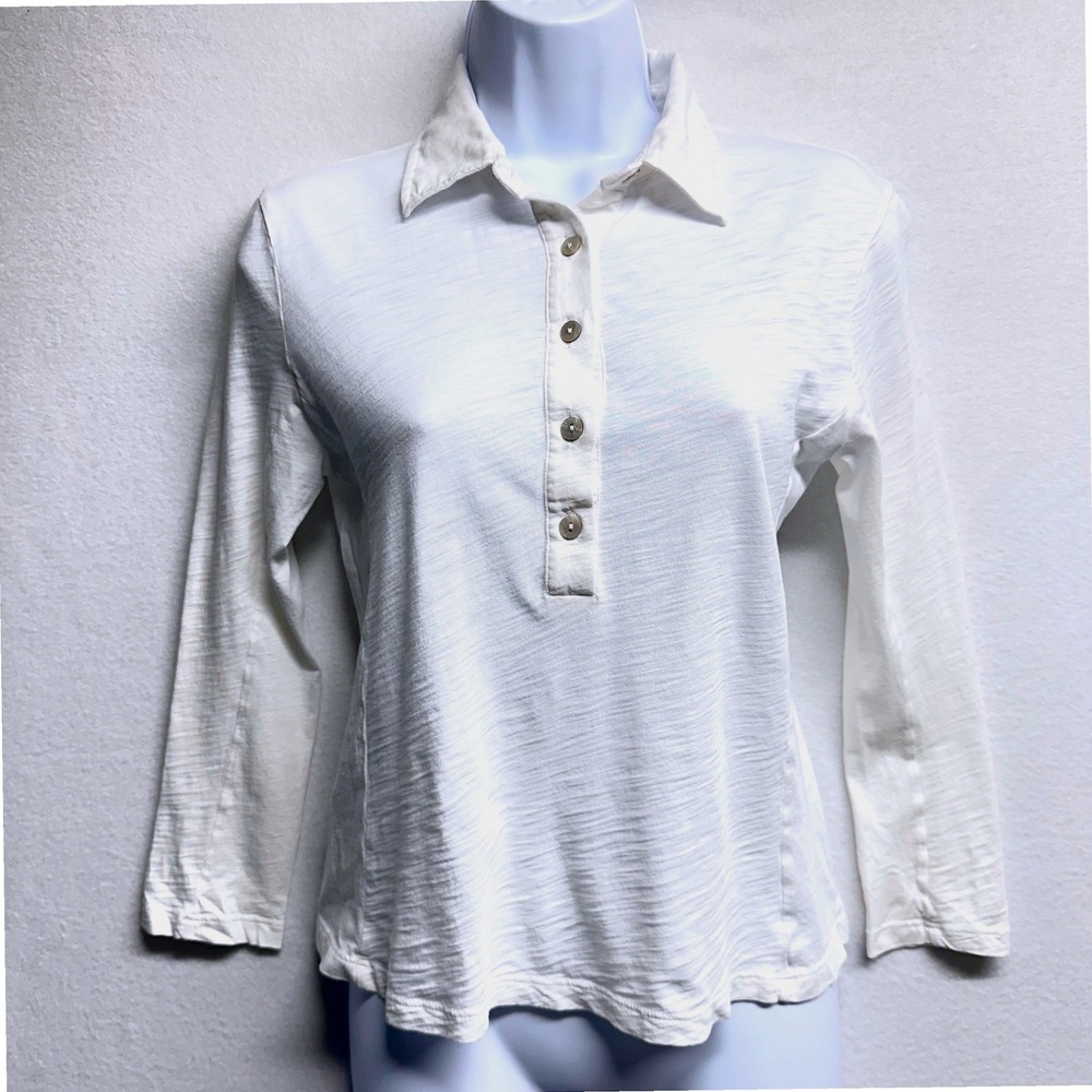 Goldie Lewinter Polo Hanley Top Women XS White Long Sleeve Pima Cotton Slub Knit